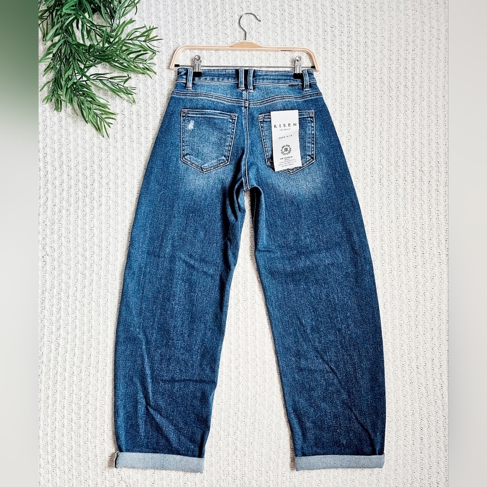 RISEN Mid Rise Dark Wash Barrel Jeans Double Roll Cuffed Full Length Various NEW - Picture 10 of 15